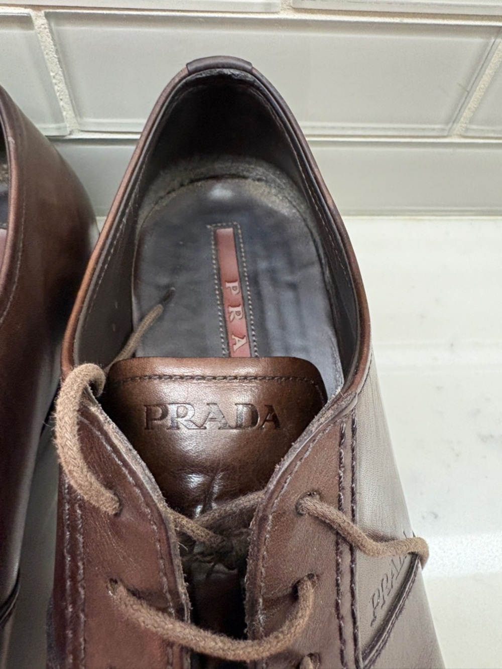 Prada Men's Brown Leather Lace-Up Oxfords - Picture 13 of 16